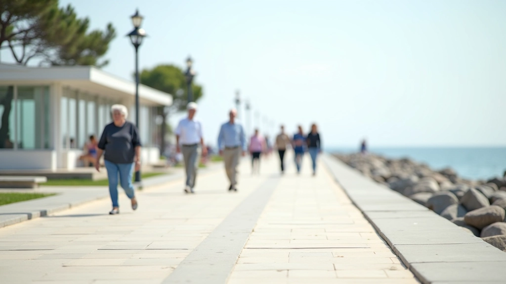 Lygi betonine promenada pajūryje su žaliais parkais šonuose